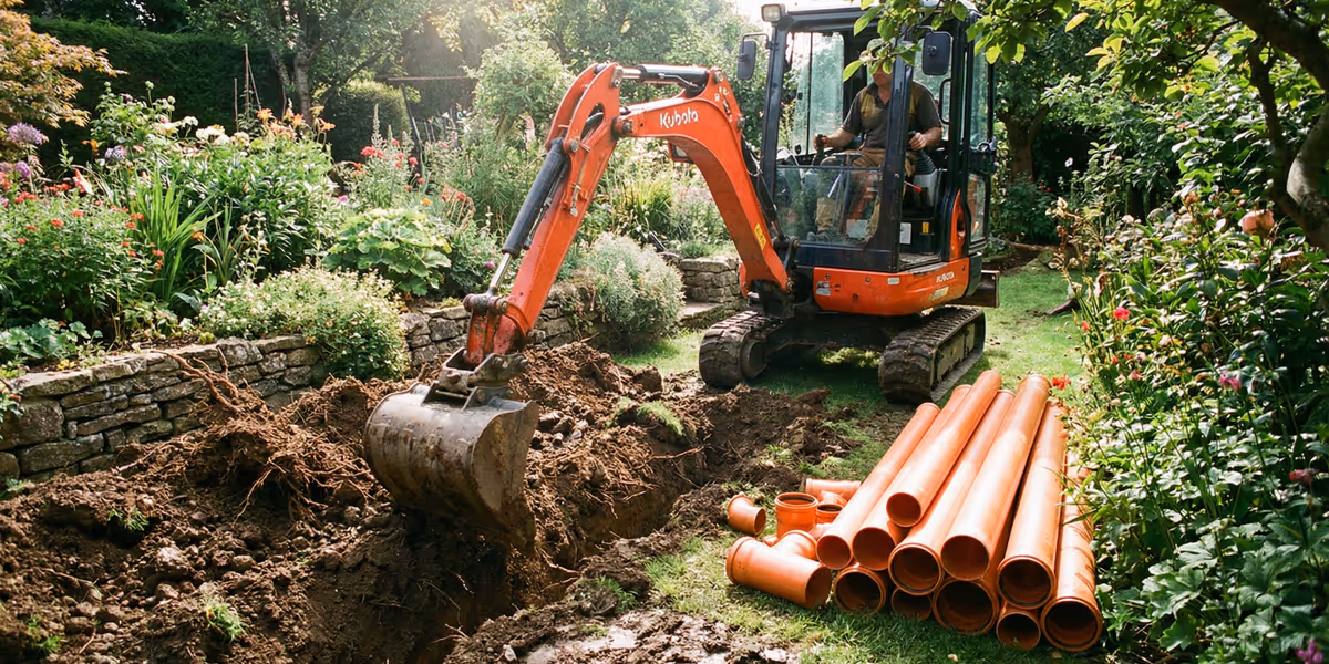 Mini kotrógép csatorna csere munkán kertesháznál